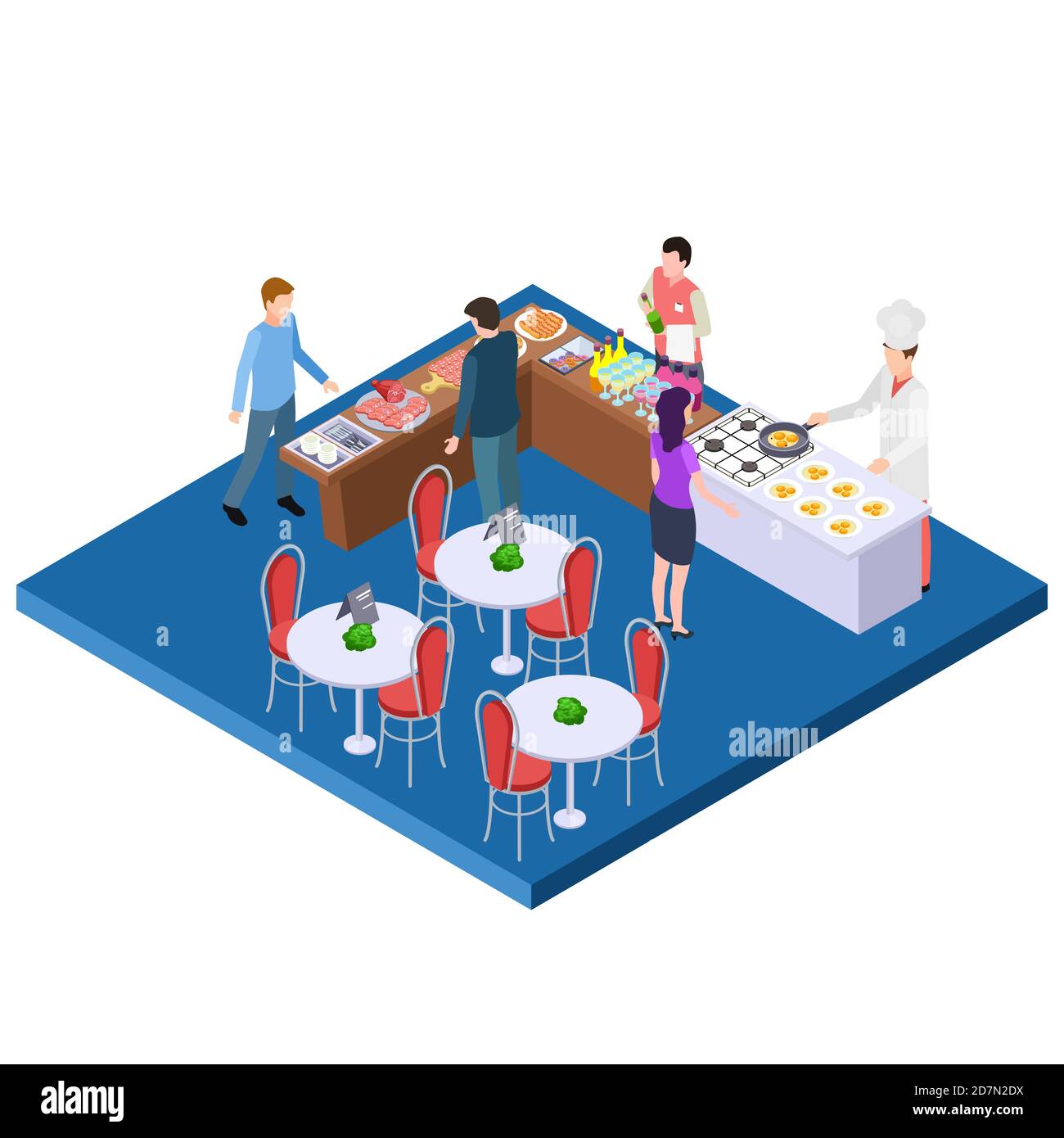 Buffet breakfast restaurant isometric vector concept. Illustration of breakfast restaurant, lunch table dinner Stock Vector