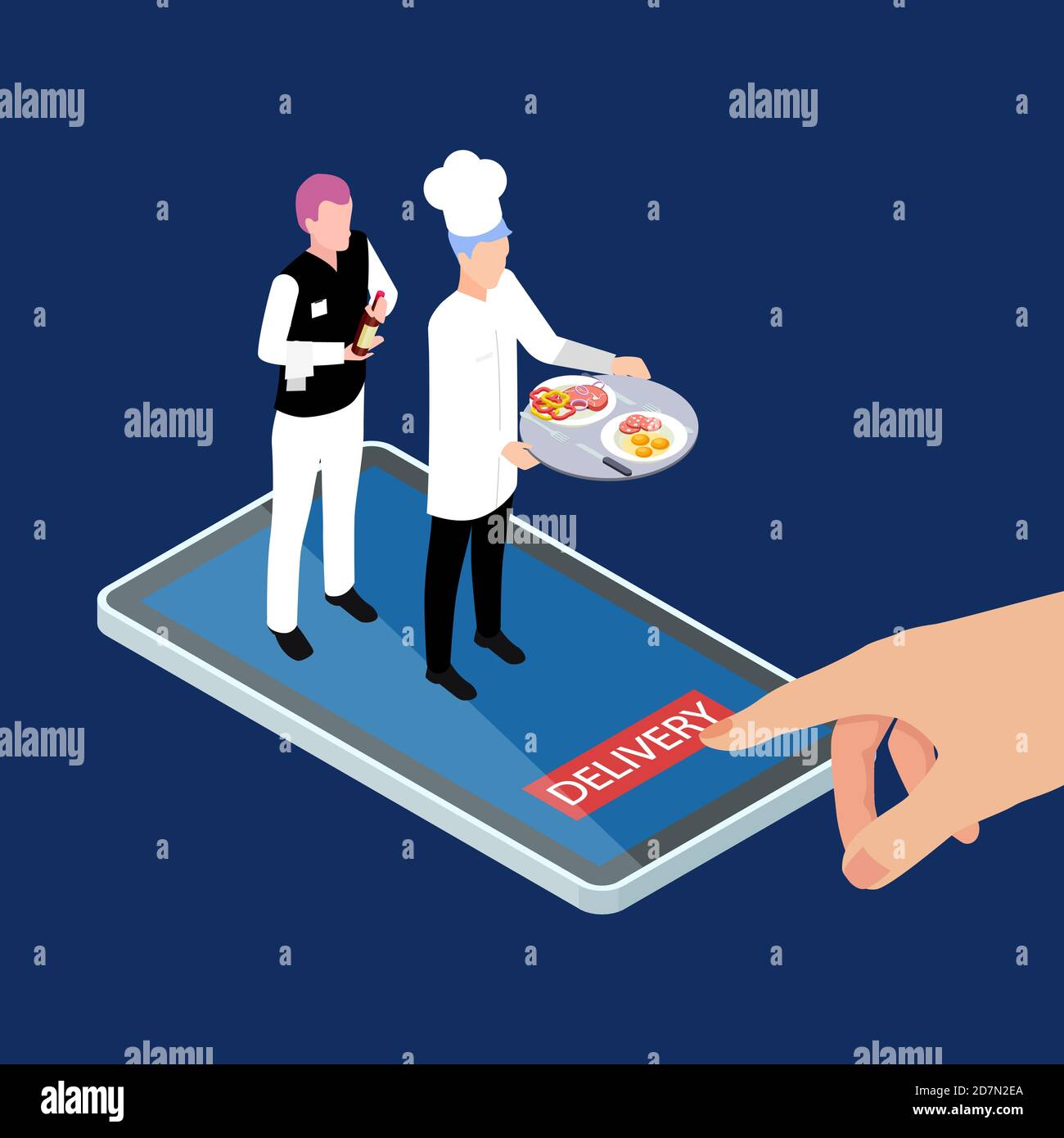 Fresh hot food and drinks mobile delivery service isometric vector illustration. Service delivery restaurant, deliver to room hotel Stock Vector