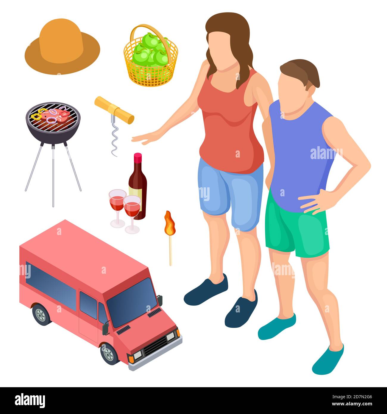 Male and female campers and camping accessories isometric vector elements. Illustration of woman and man barbecue cooking Stock Vector
