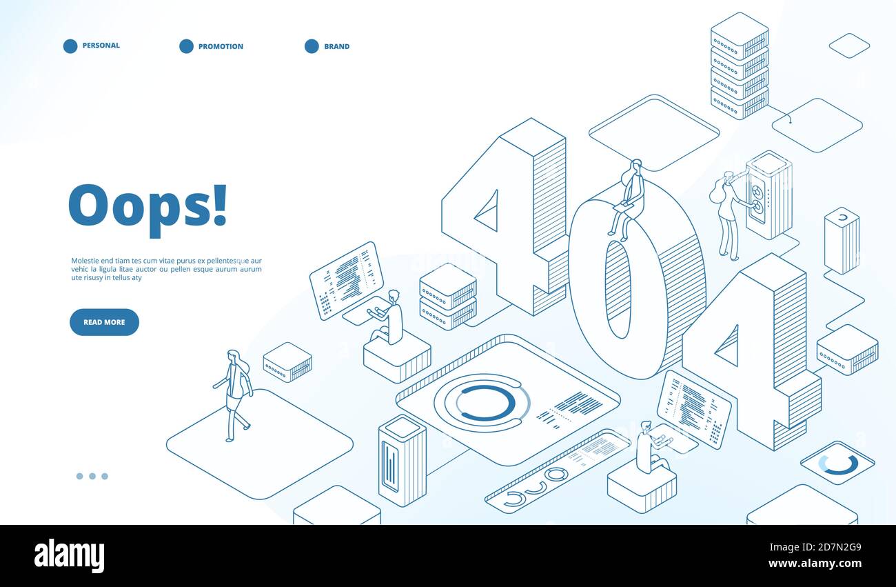 404 isometric page. Not working error, lost data or not found 404 problem, disconnection sign. Landing page vector line 3d design. Error problem 404, page web internet, network warning Stock Vector