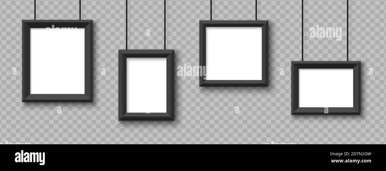Blank hanging frames. Pictures, photo frames mockup vector isolated on