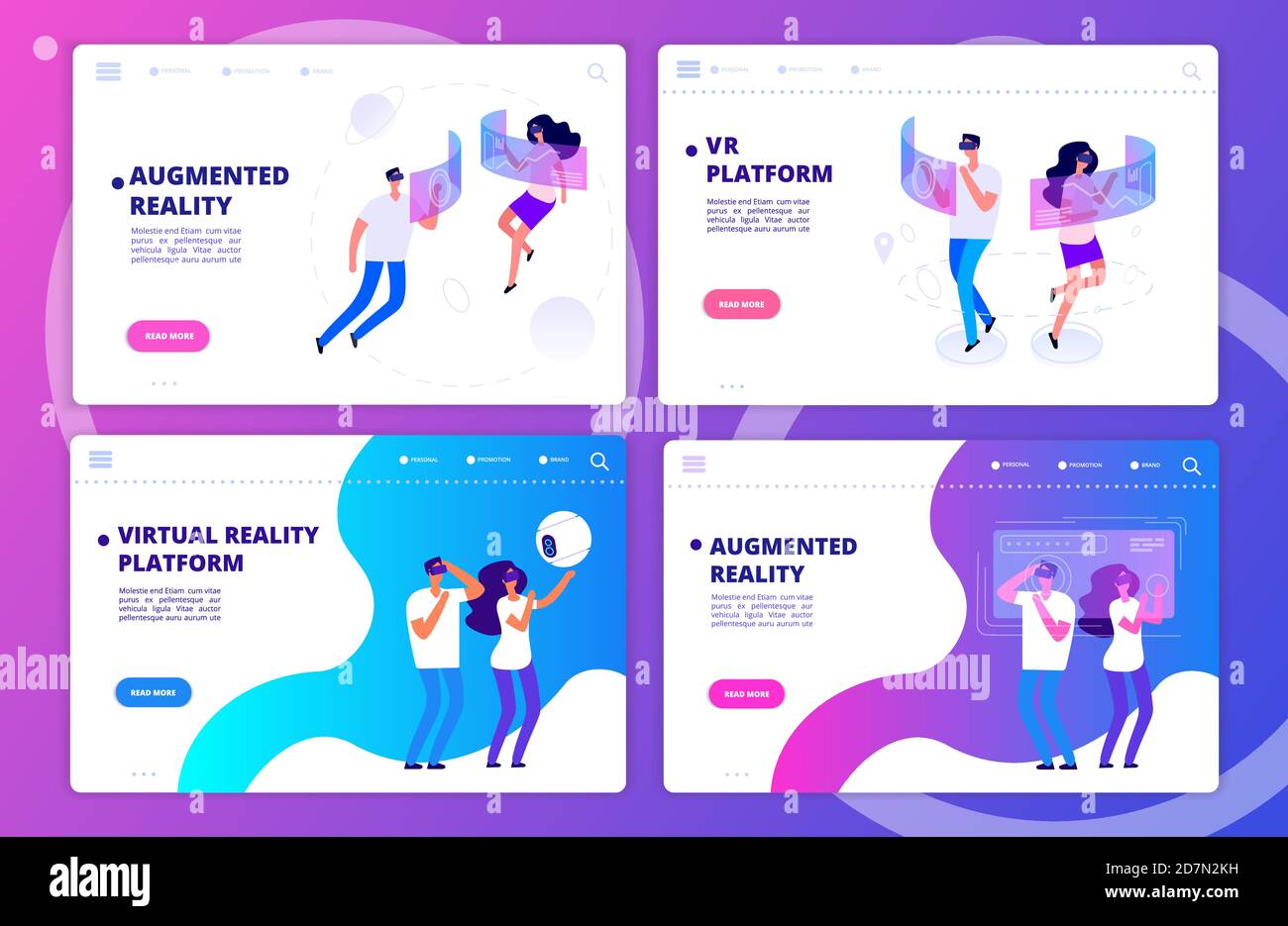 Augmented reality, virtual reality games and platform landing page templates vector set. Illustaration of virtual platform, vr page cyberspace Stock Vector