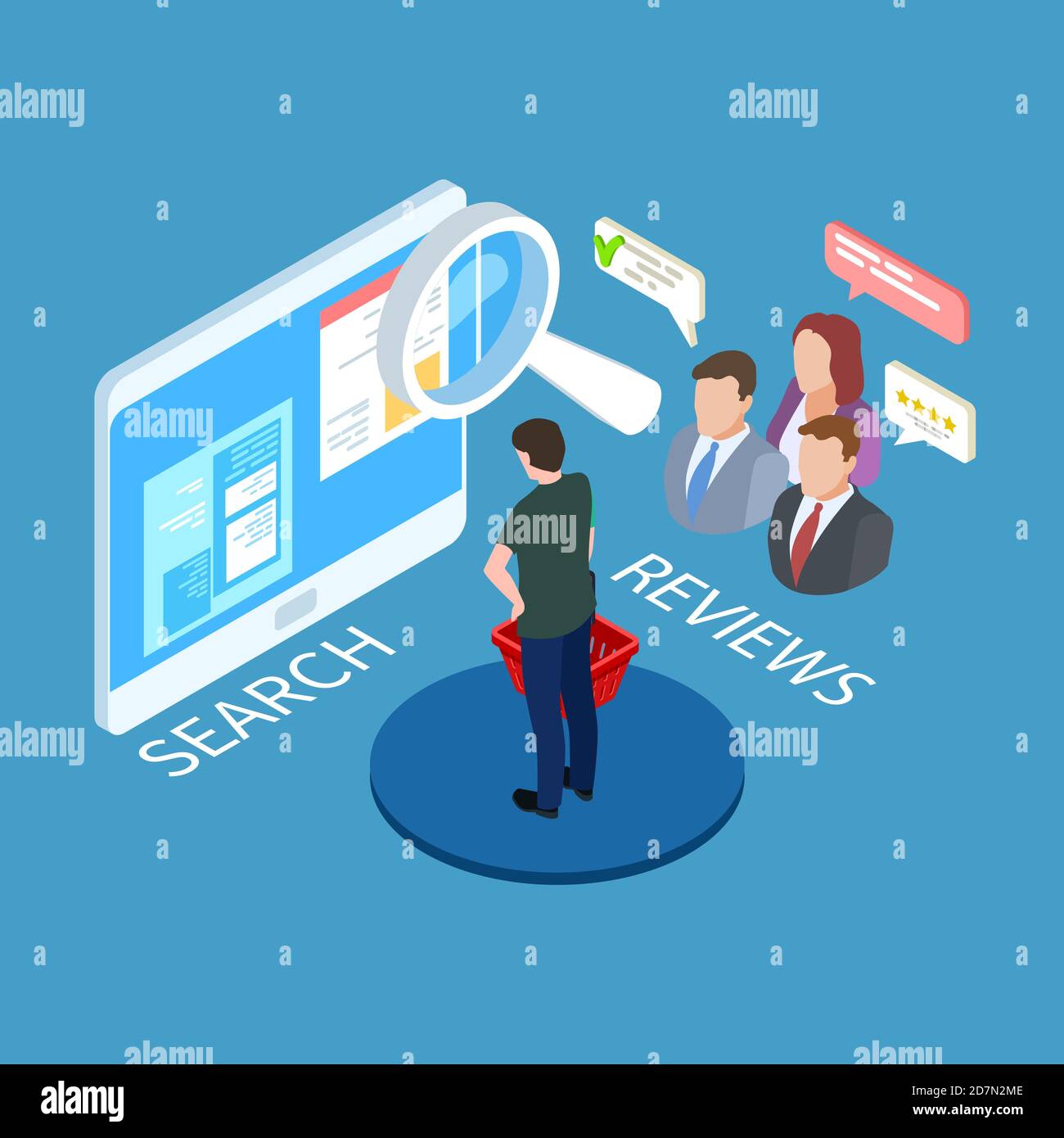 Online shopping vector. Search and selection of goods, research reviews isometric concept. Illustration search review and research with magnifier Stock Vector