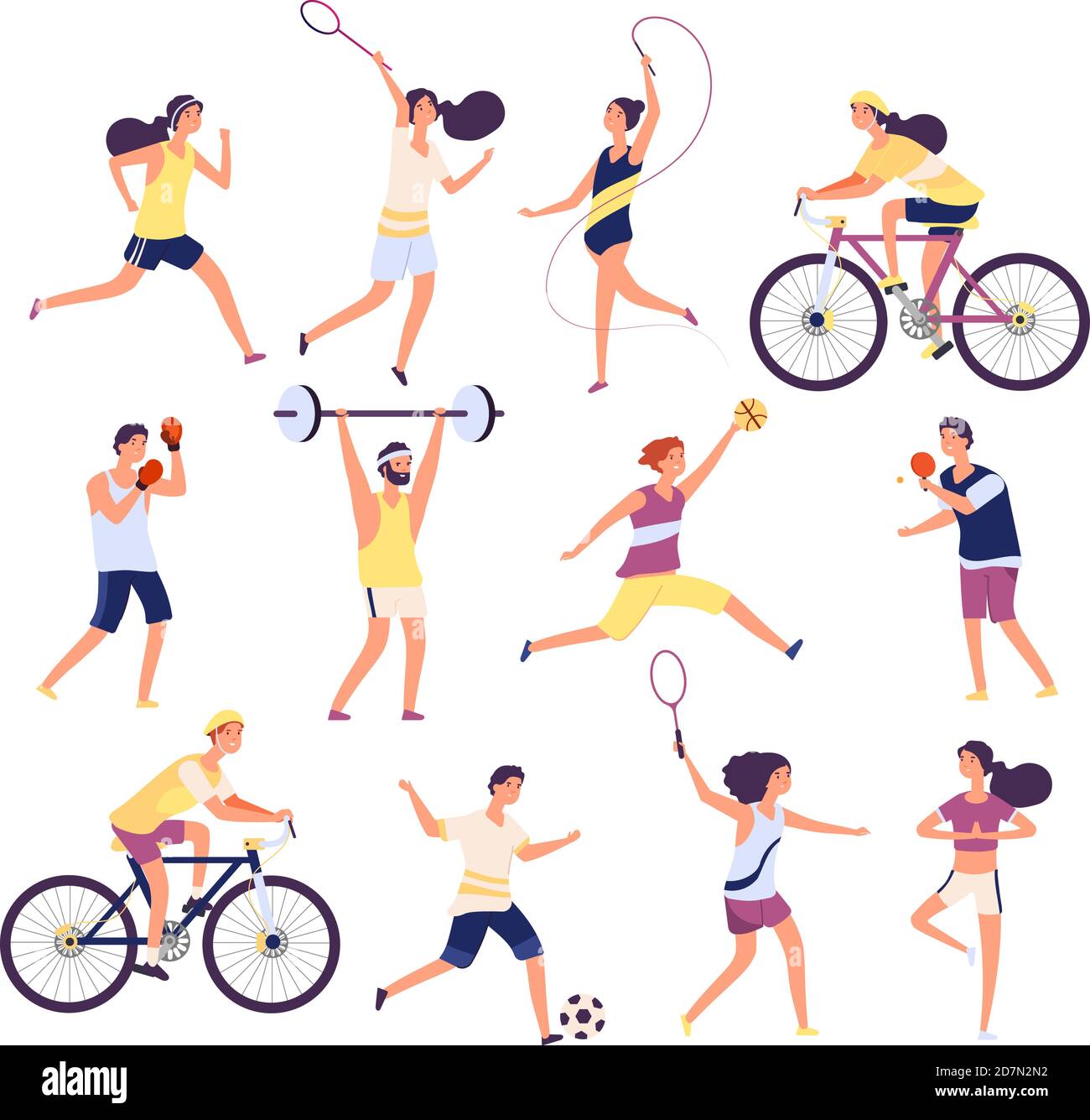 Sports people set. Exercising persons gymnast, runner and tennis player, boxer and footballer. Isolated cartoon vector characters set. Man sportive, woman runner, game football volleyball illustration Stock Vector
