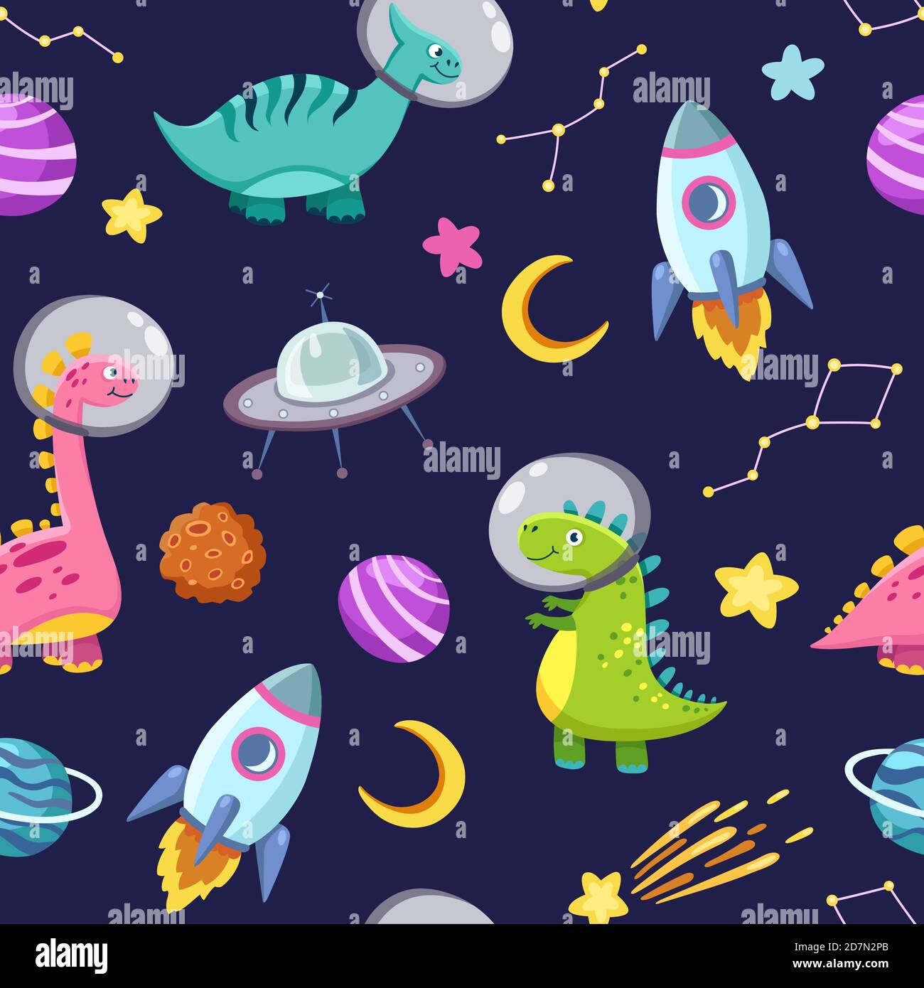 Dino in space seamless pattern. Cute dragon characters, dinosaur traveling  galaxy with stars, planets. Kids cartoon vector background. Illustration of  astronaut dragon, kids wrapping with cosmic dino Stock Vector Image & Art -