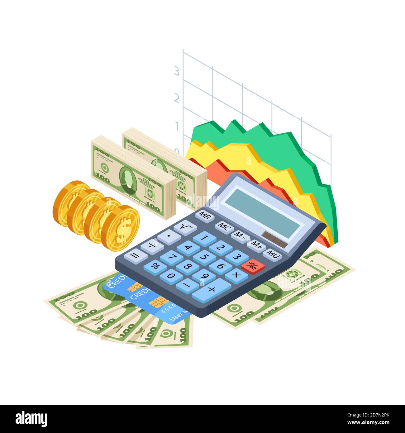 Financial analytics, bookkeeping vector concept. Cash, credit cards, coins, calculator and graphics isometric design. Isometric analytics financial, calculator and finance invest illustration Stock Vector