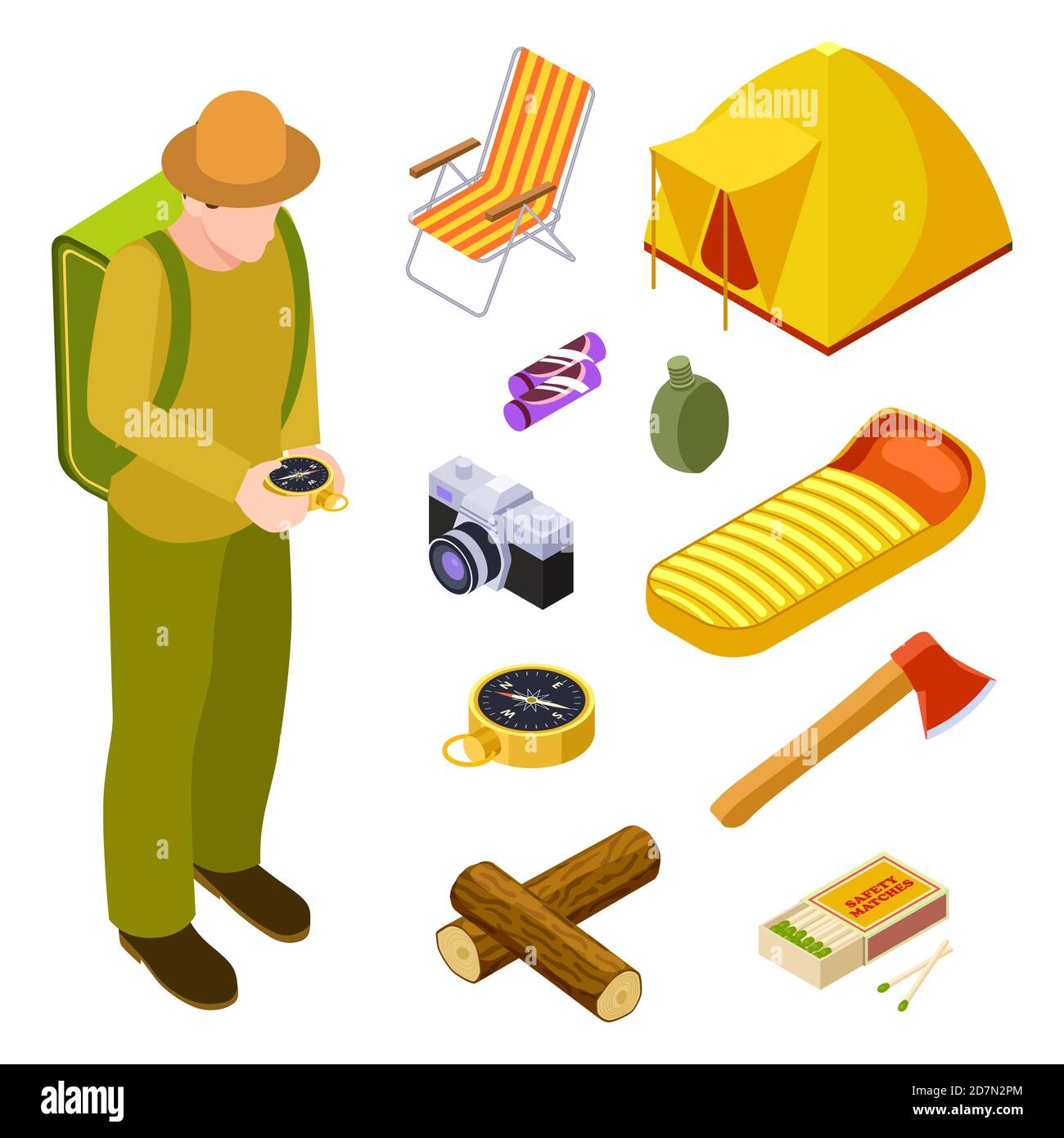 Tourist and camping equipment vector isometric collection. Illustration of isometric adventure tourist, outdoor equipment for tourism Stock Vector