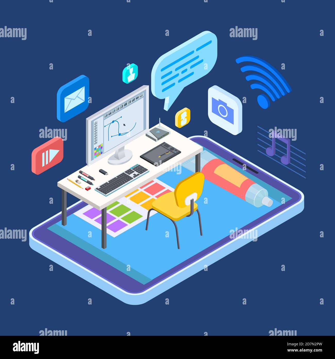 Freelance artist or designer workspace isometric vector concept. Freelancer work place, computer and drawing tablet illustration Stock Vector