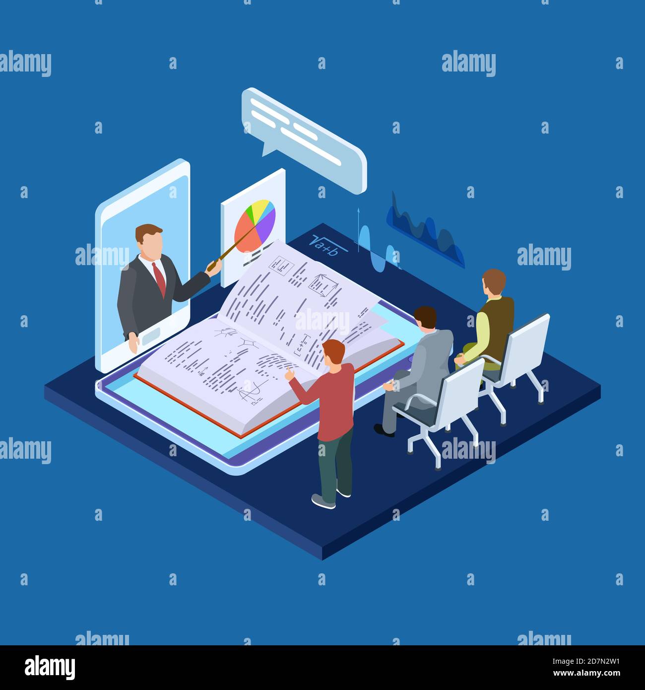 Online business training 3d isometric vector concept. Illustration of online e-learning, web video training Stock Vector