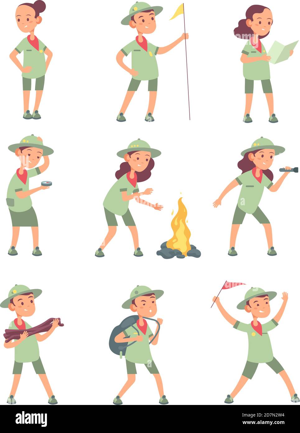 Children scouts. Cartoon kids in scout uniform in summer camping. Funny boys and girls tourist vector characters. Illustration of boy and girl in uniform scout Stock Vector