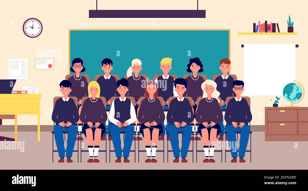 Class group portrait. Classmates, student in classroom. Teenagers in school uniform photo for memory. Education cartoon vector concept. Together classmate photo memory, students classroom illustration Stock Vector