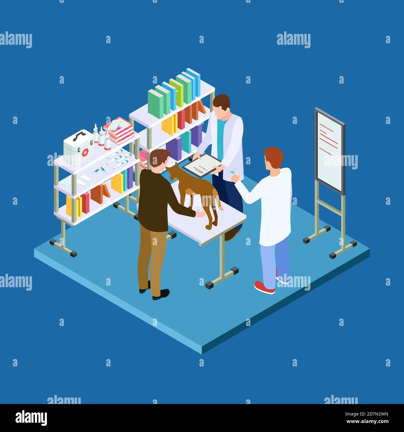 Dog on reception at the vet. Veterinary office isometric vector concept. Illustration of pet veterinary clinic, care healthcare Stock Vector