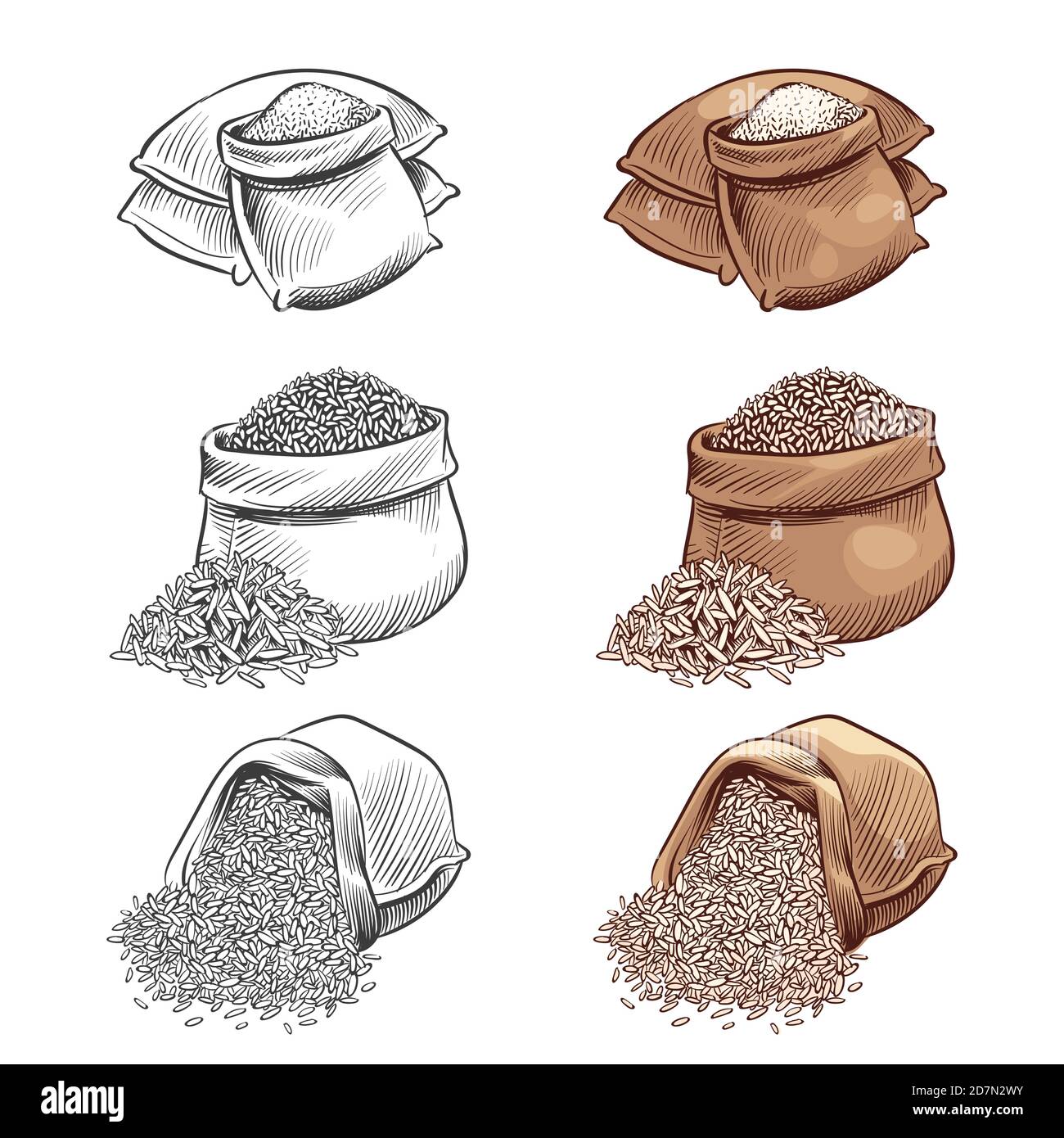 Hand drawn rice sacks vector set. Sketch rice isolated on white background. Rice in sack, grain cereal sketch illustration Stock Vector