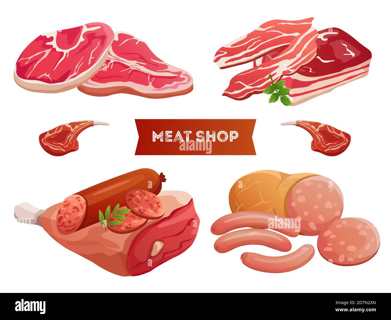 Cartoon meat products and fresh meat vector isolated on white background. Meat ribs delicious, fresh beefsteak illustration Stock Vector