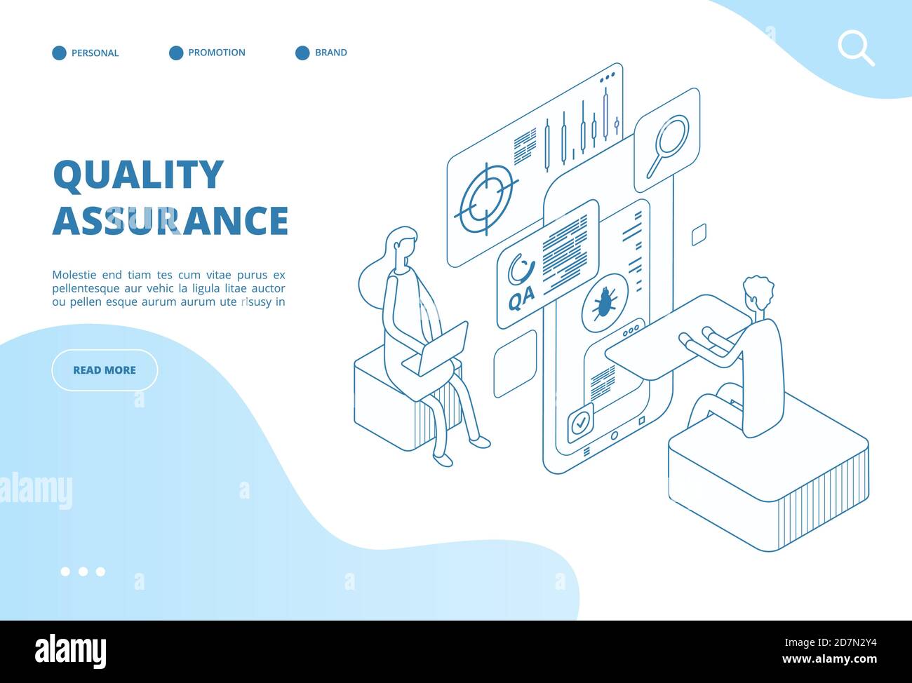 Quality assurance concept. Assured result of app test, software analysis and inspection. Bug fixing, program testing vector web page. Illustration of quality assurance software, isometric testing bug Stock Vector