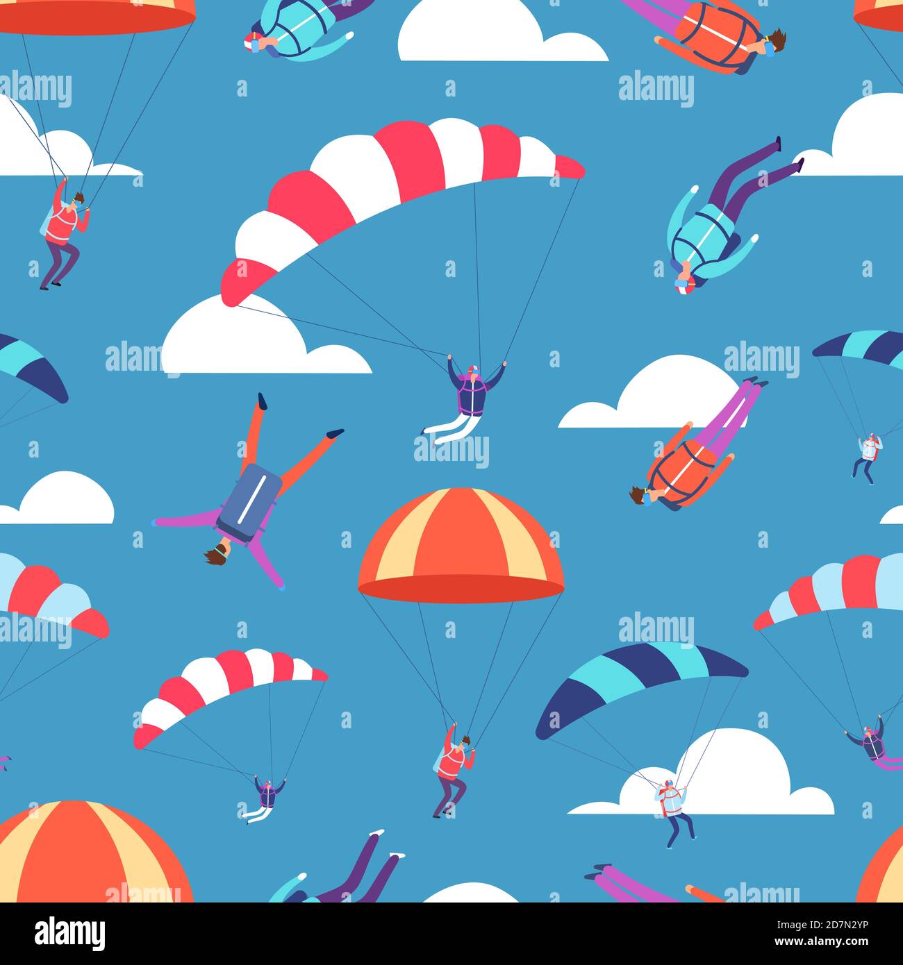 Skydivers, jumpers in sky vector seamless pattern. Illustration of skydiving and parachuting, paragliding hobby Stock Vector