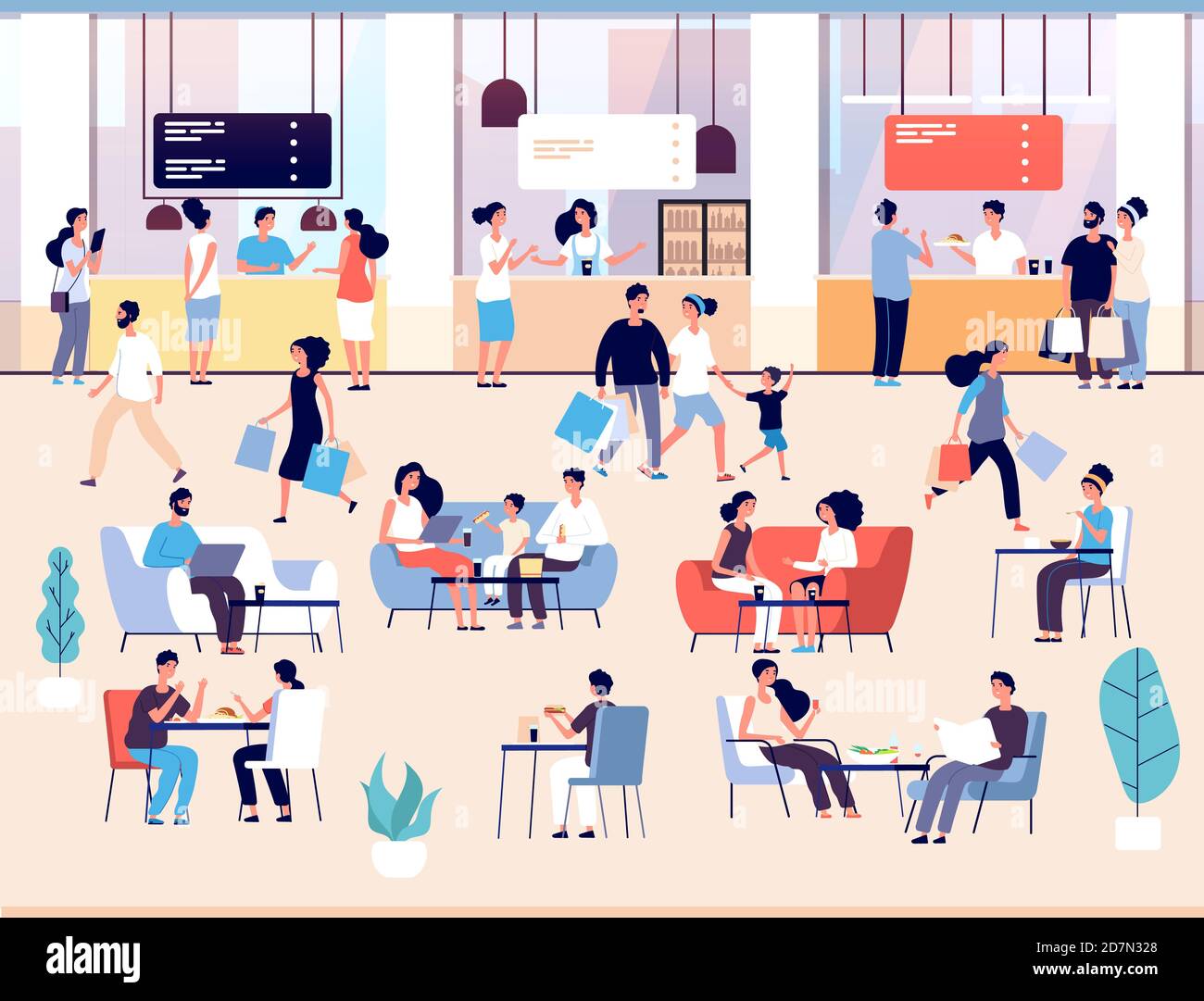 People in restaurant. Men and women eating meal in cafe buffet. Families having lunch in food court interior vector concept. Illustration of cafe and restaurant in shopping mall Stock Vector