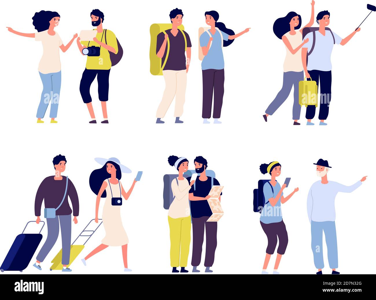 Tourist characters. Young couple family, tourists travelling with backpacks and bags, suitcases. Summer vacation people isolated vector. Illustration of summer tourist character, woman and man Stock Vector
