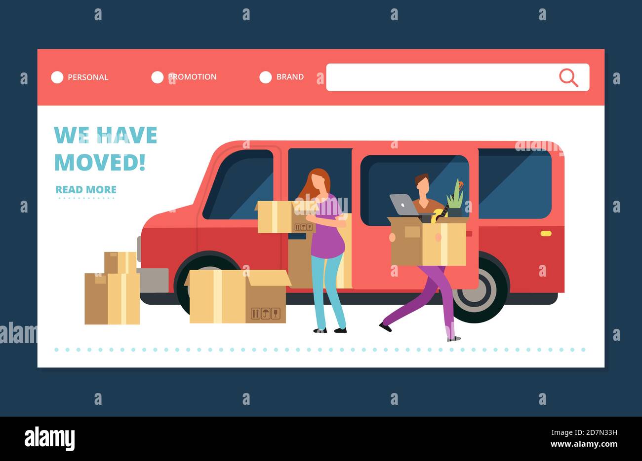 Moving house vector web banner. We have moved landing page template. Move and relocate, delivery service transfer moving illustration Stock Vector