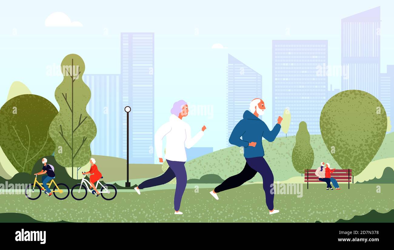Elderly people park. Seniors happy grandfather grandmother couple elderly people walking running cycling summer outdoor vector concept. Senior woman and man couple run in park illustration Stock Vector
