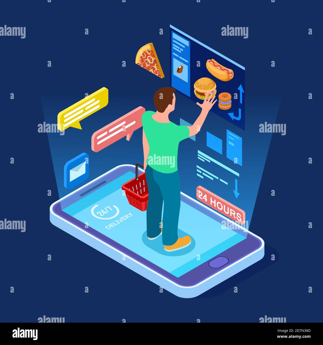 Online food store, man buys food online isometric vector concept. Illustration of food store online, buy in mobile shop Stock Vector