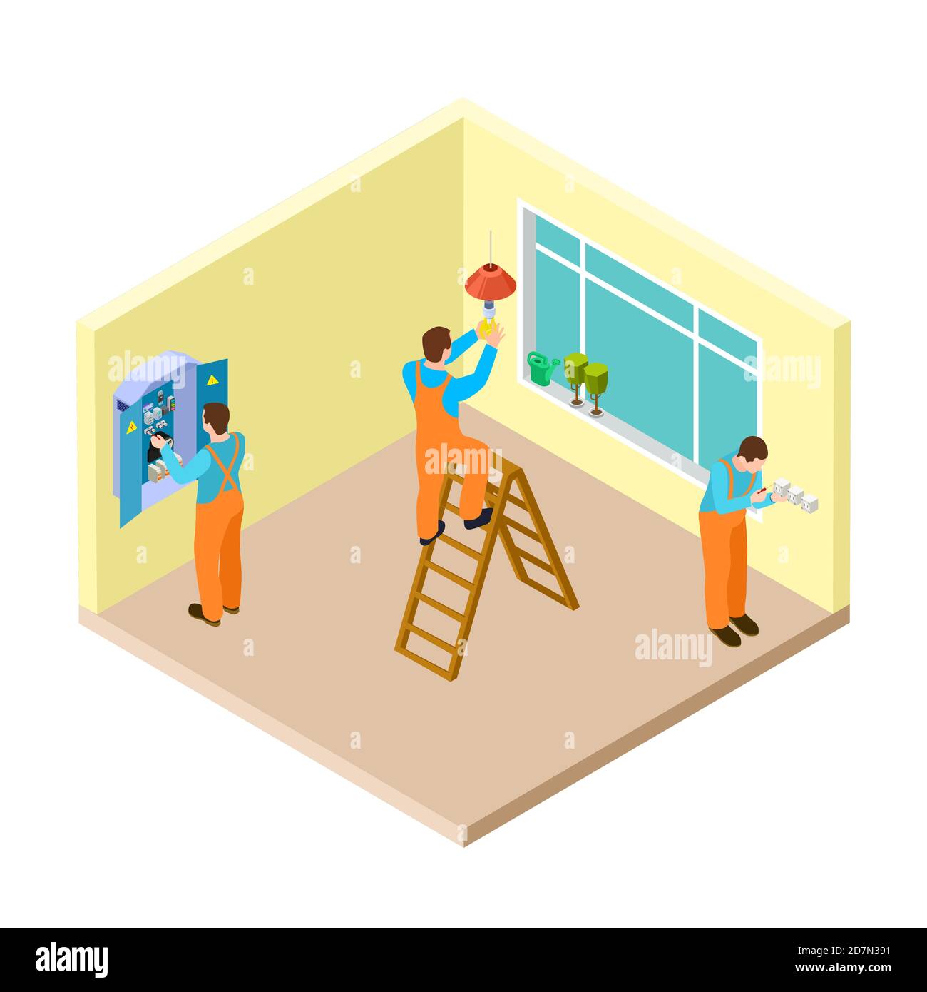 Electricians at work in the room isometric vector concept. Illustration of electric engineer, professional electrical work in room Stock Vector