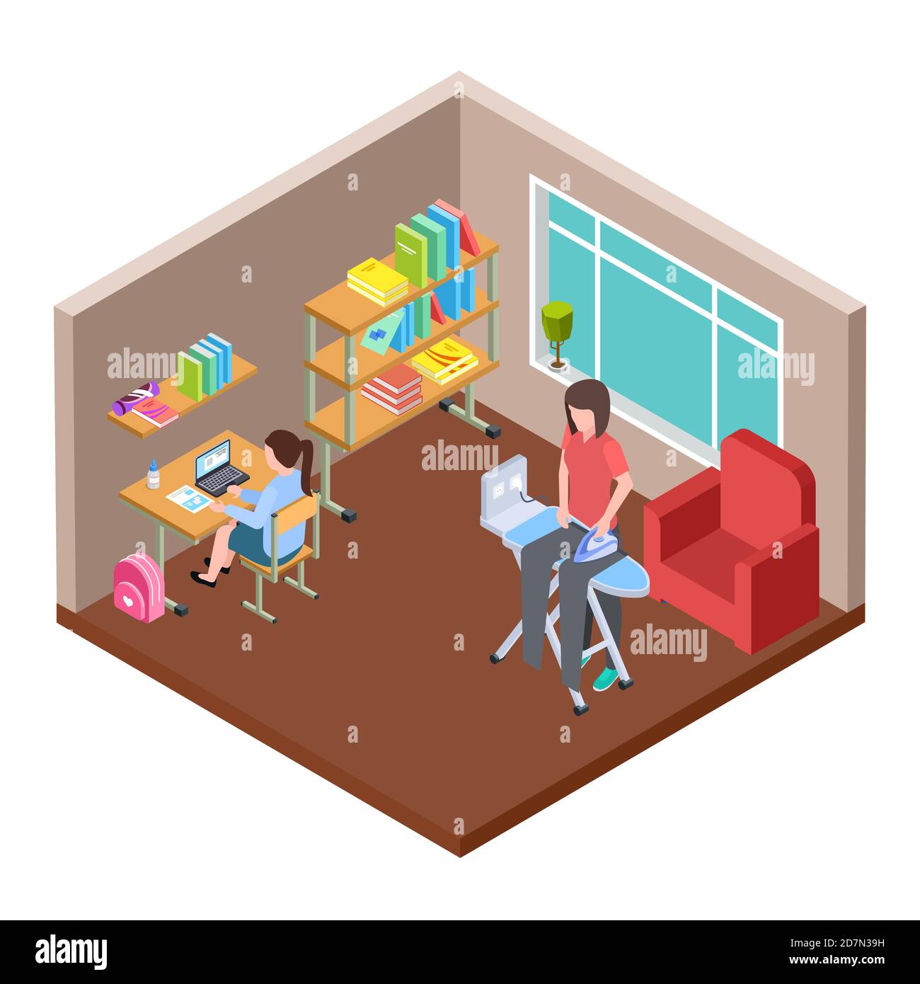 Family life isometric concept. Housewife and little girs in the room vector illustration. Isometric family housewife and little pretty girl Stock Vector