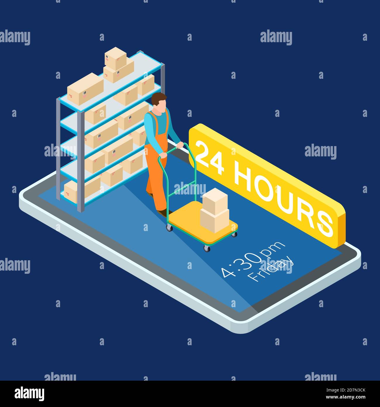 24 hours delivery online services isometric vector illustration. Isometric delivery app phone, isometry service 24h Stock Vector