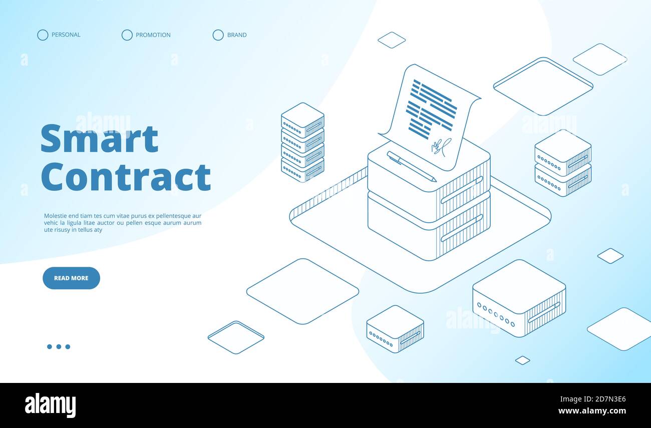 Smart contract concept. Ethereum cryptography technology. Contractor agreement with digital signature vector isometric landing page. Illustration crypto smart contract, transaction blockchain Stock Vector