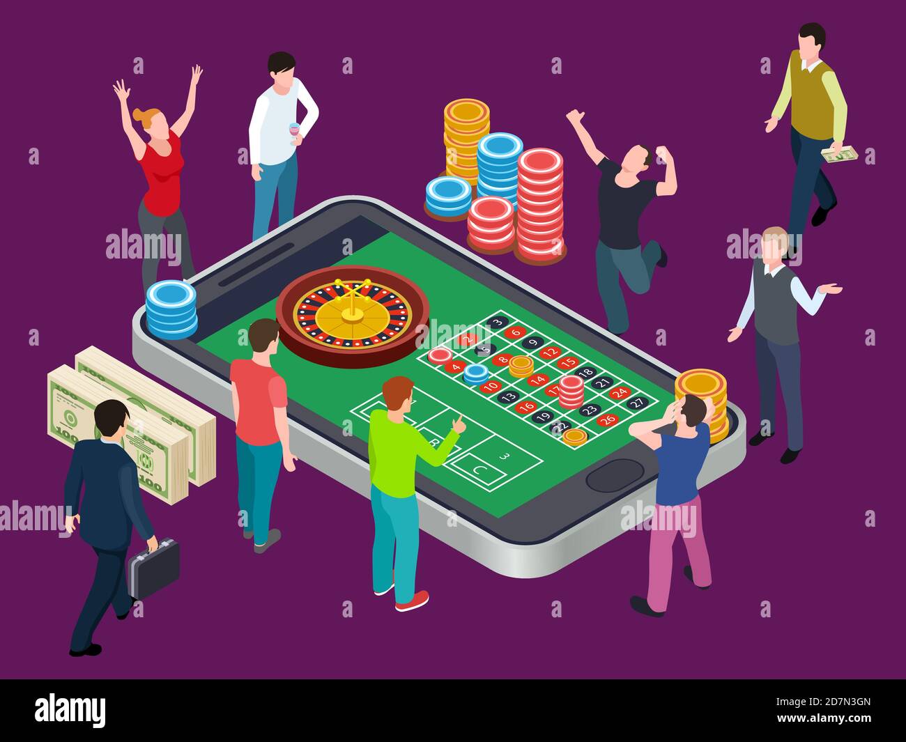 Online roulette table and people. Casino isometric vector concept. Illustration of people play in casino, gambling play roulette Stock Vector