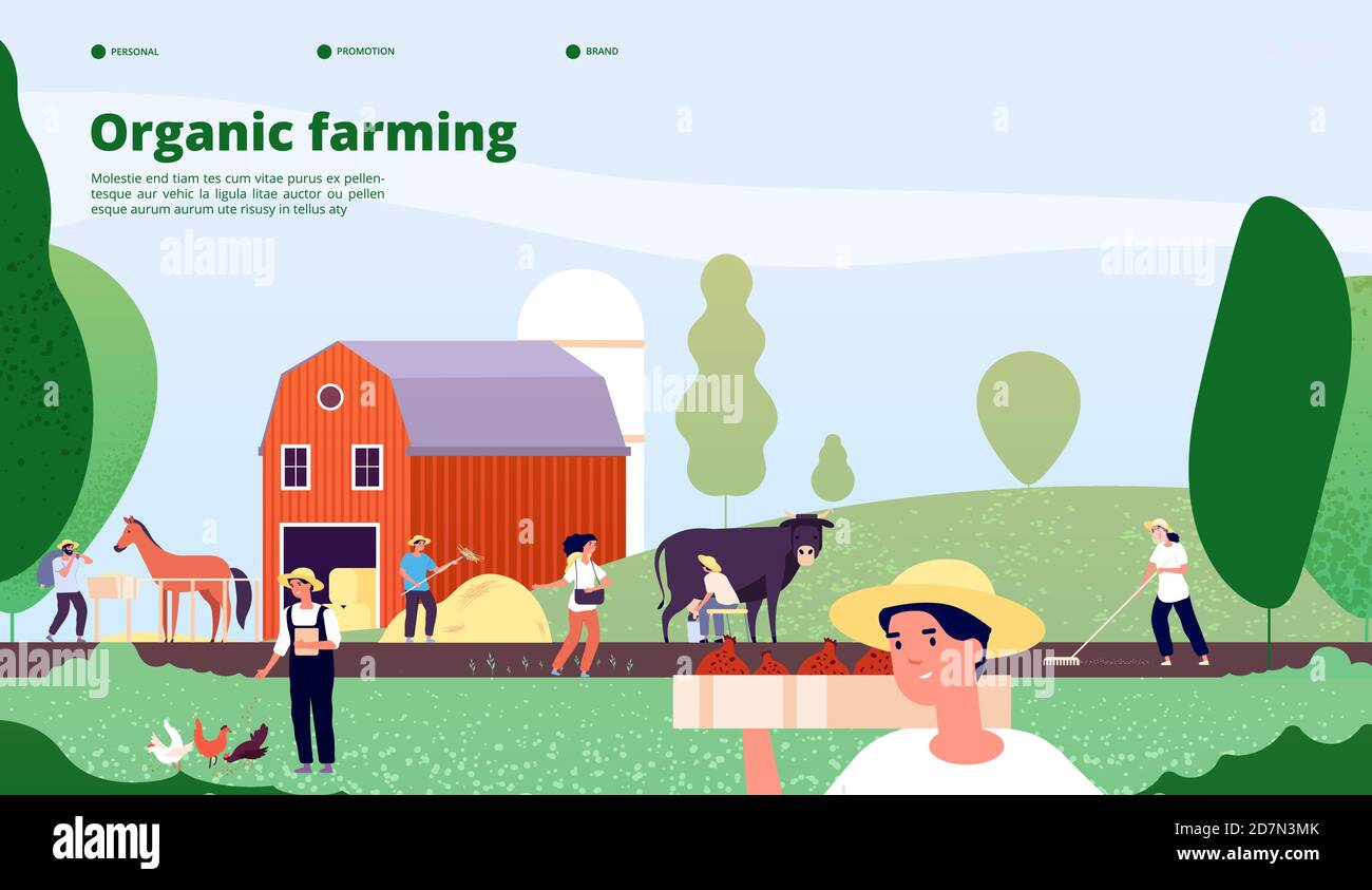 Farmer landing page. Agricultural workers work with equipment in nature, agriculture and organic farming vector concept. Farmer agriculture, farm work agricultural illustration Stock Vector