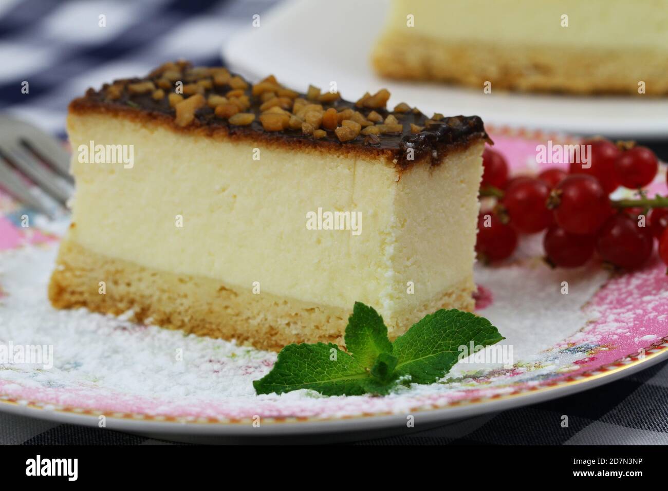 Traditional baked cheesecake with chocolate topping and nuts on colorful plate Stock Photo