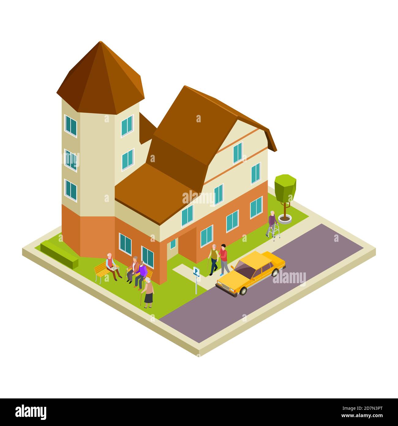 Isometric nursing house vector. Elderly people walking and speaking concept. Illustration of house retirement, elderly patient woman and man Stock Vector