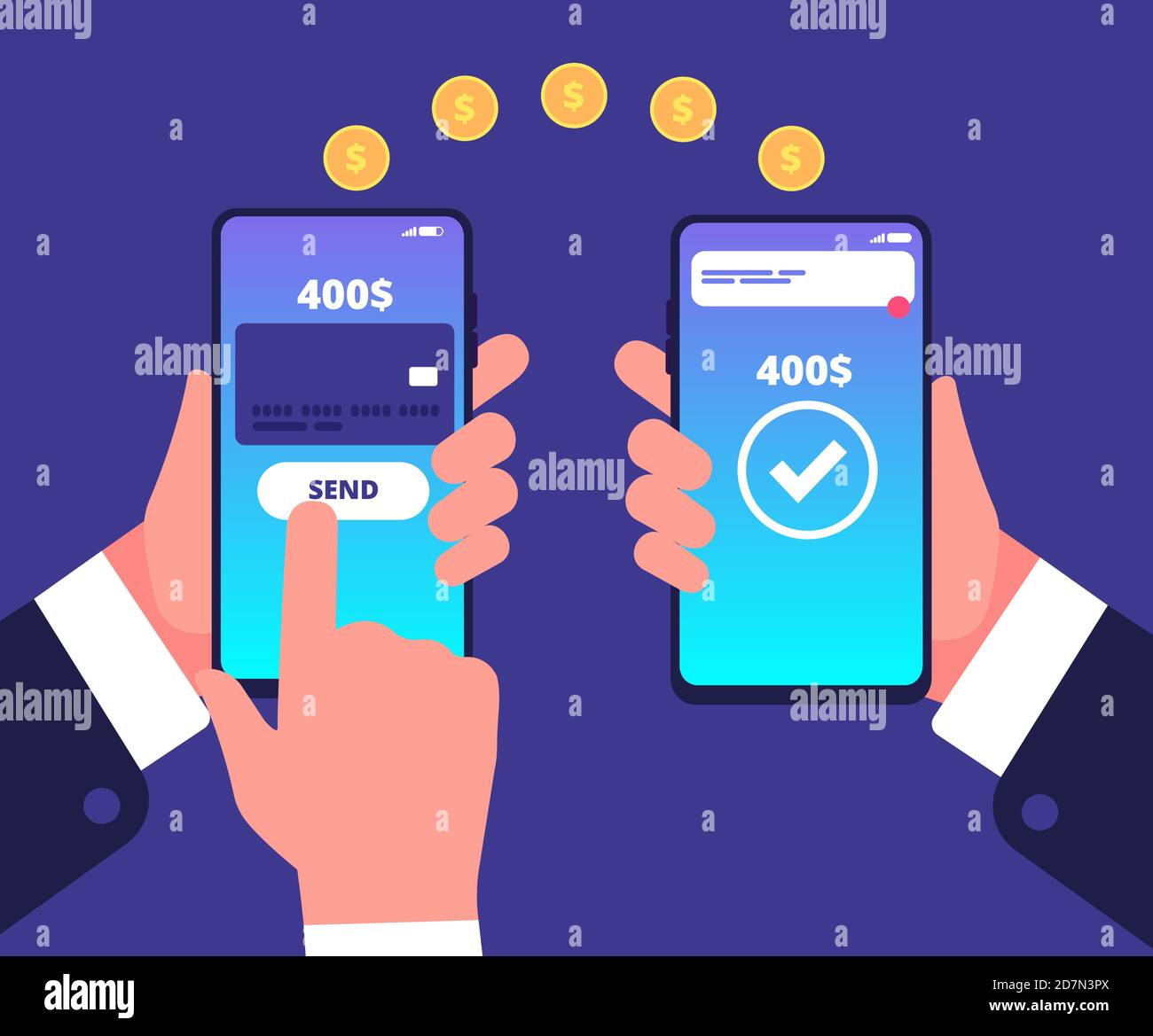 Online payment concept. Mobile transfers, wireless money payments with smartphone. Smart wallet vector background. Illustration of transfer payment, banking wallet online Stock Vector