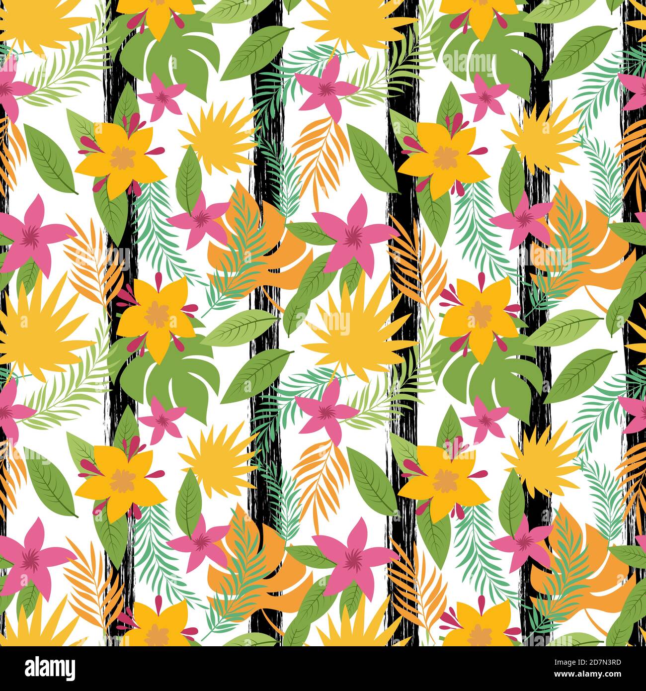Vector exotis tropical plants and flowers seamless pattern. Tropical exotic plant, summer colored flower illustration Stock Vector