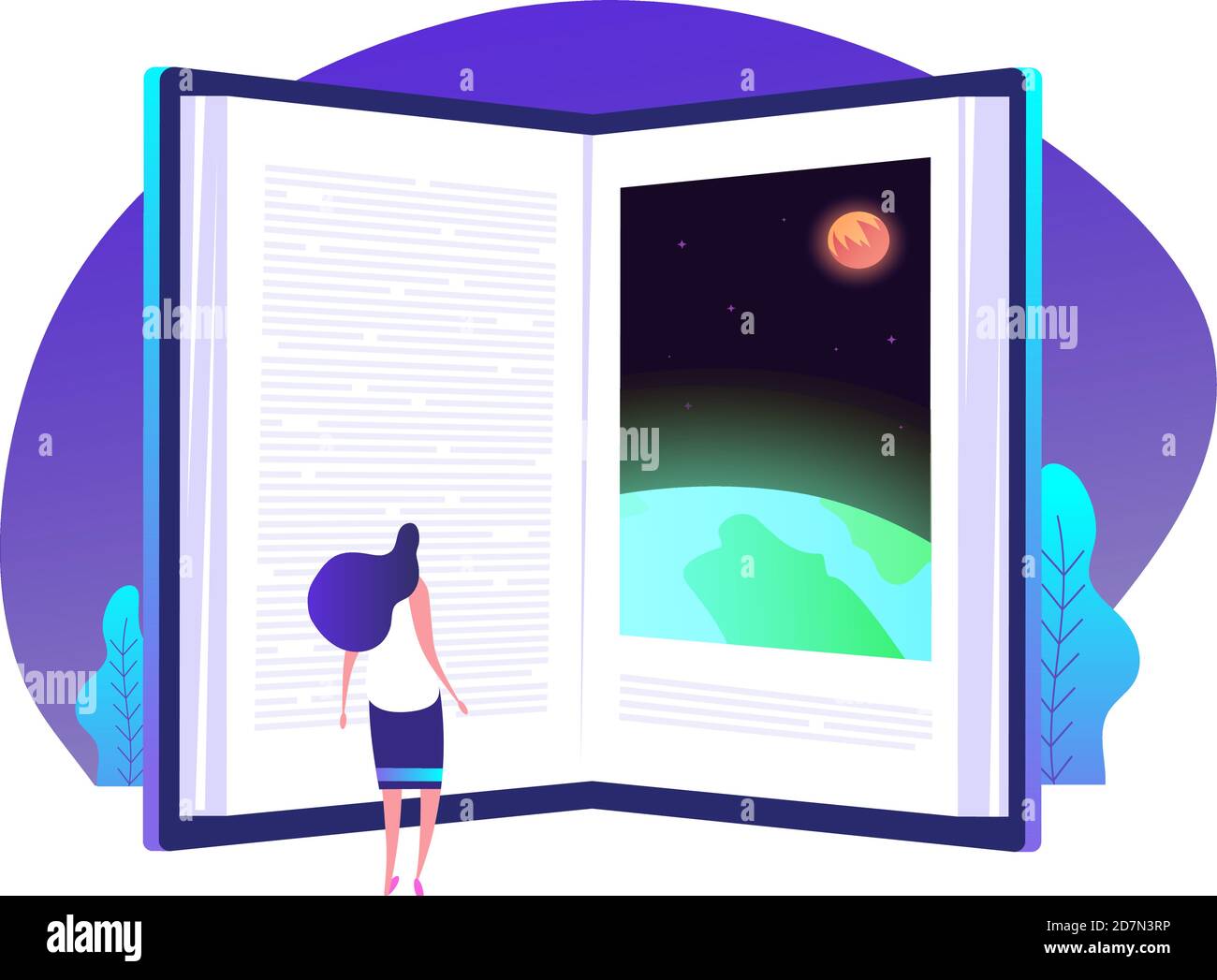 Book knowledge concept. Books door to knowledge global library education teaching learning world business vector background. Illustration of open door to literature, imagination reading Stock Vector