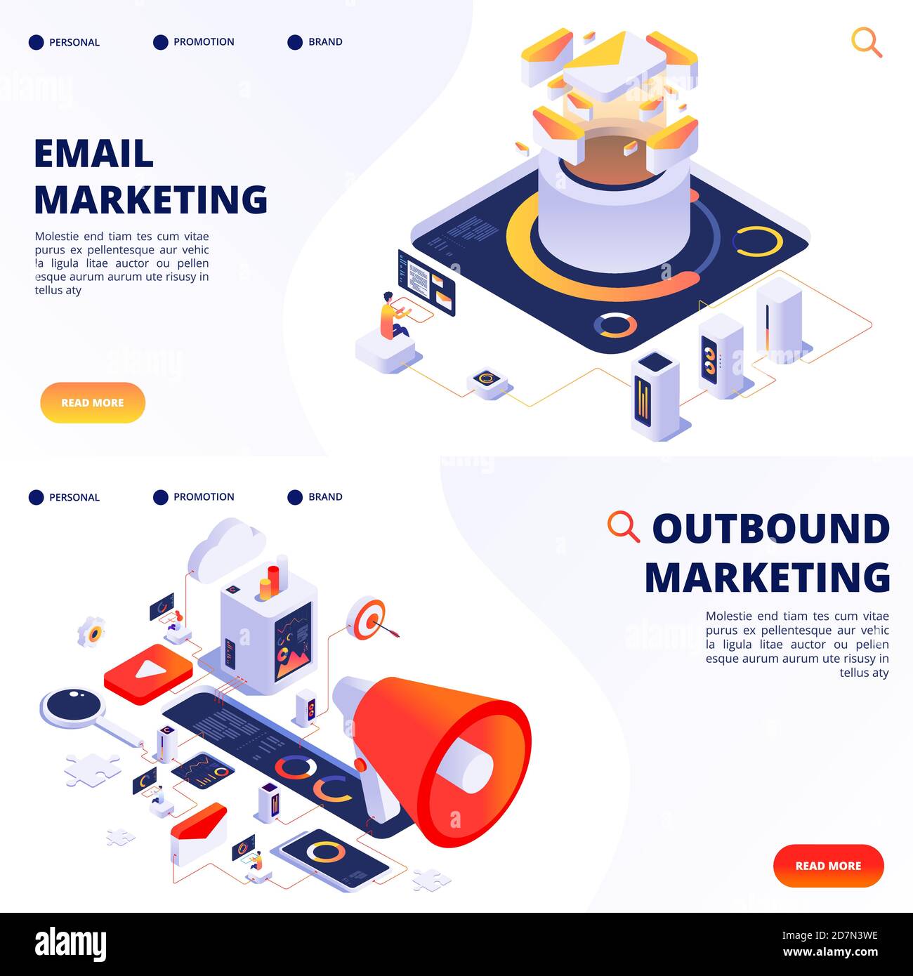 E-mail, outbound, internet marketing vector landing pages templates. Illustration of outbound marketing, e-mail strategy optimize Stock Vector