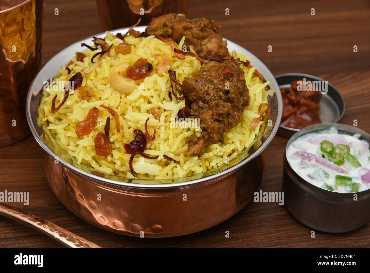 Chicken biryani biriyani with basmati rice. Indian rice food . fish