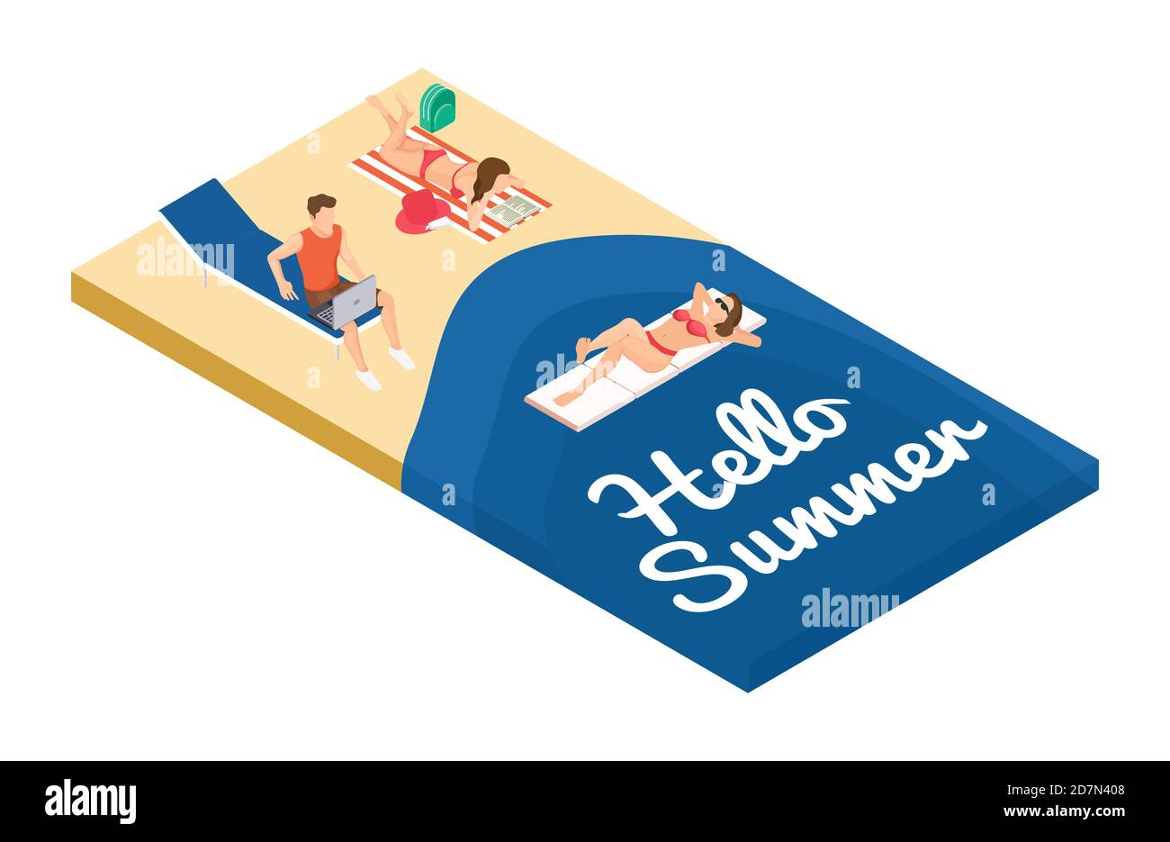 Isometric summer holidays on the beach vector concept. Freelancer and relaxing people at the sea. Illustration of summer beach isometric Stock Vector