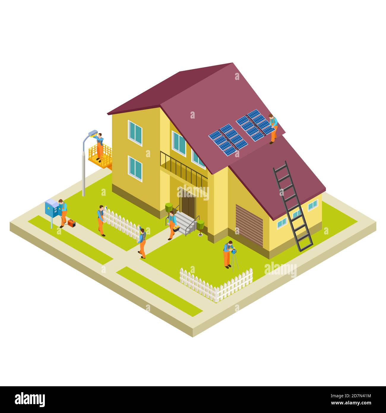 Vector construction, reconstruction and repair rural house isometric concept. Illustration of building construction, window and door Stock Vector