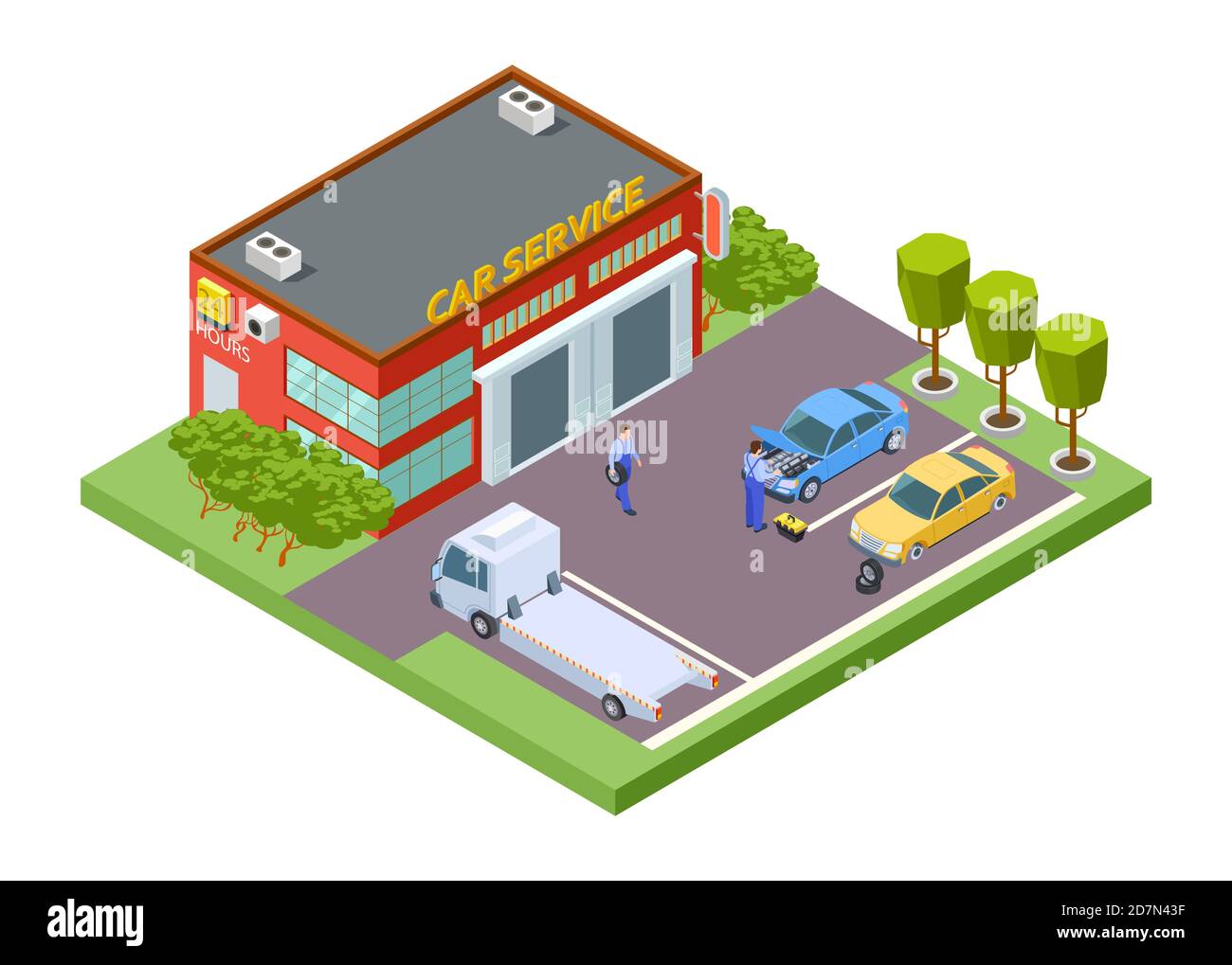 Car service location. Isometric service building, vector tow truck