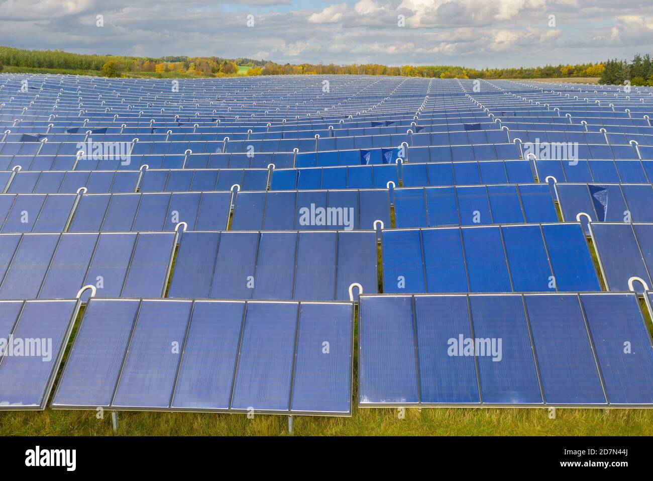 Solar Energy Park in Silkeborg, Denmark. It covers an area of 156.000 m2 or 22 football fields and has 12,000 solar panels. Stock Photo