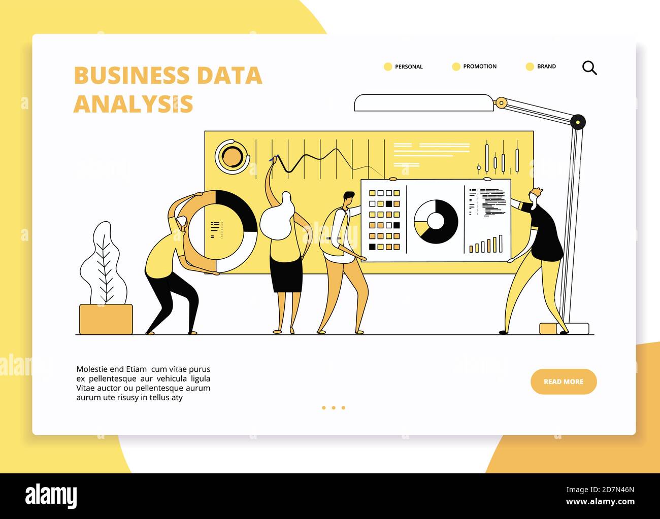 Data analysis landing page. Digital marketing analysts working on statistic charts dashboard. Business marketing website vector design. Illustration of analysis management, work analytics Stock Vector