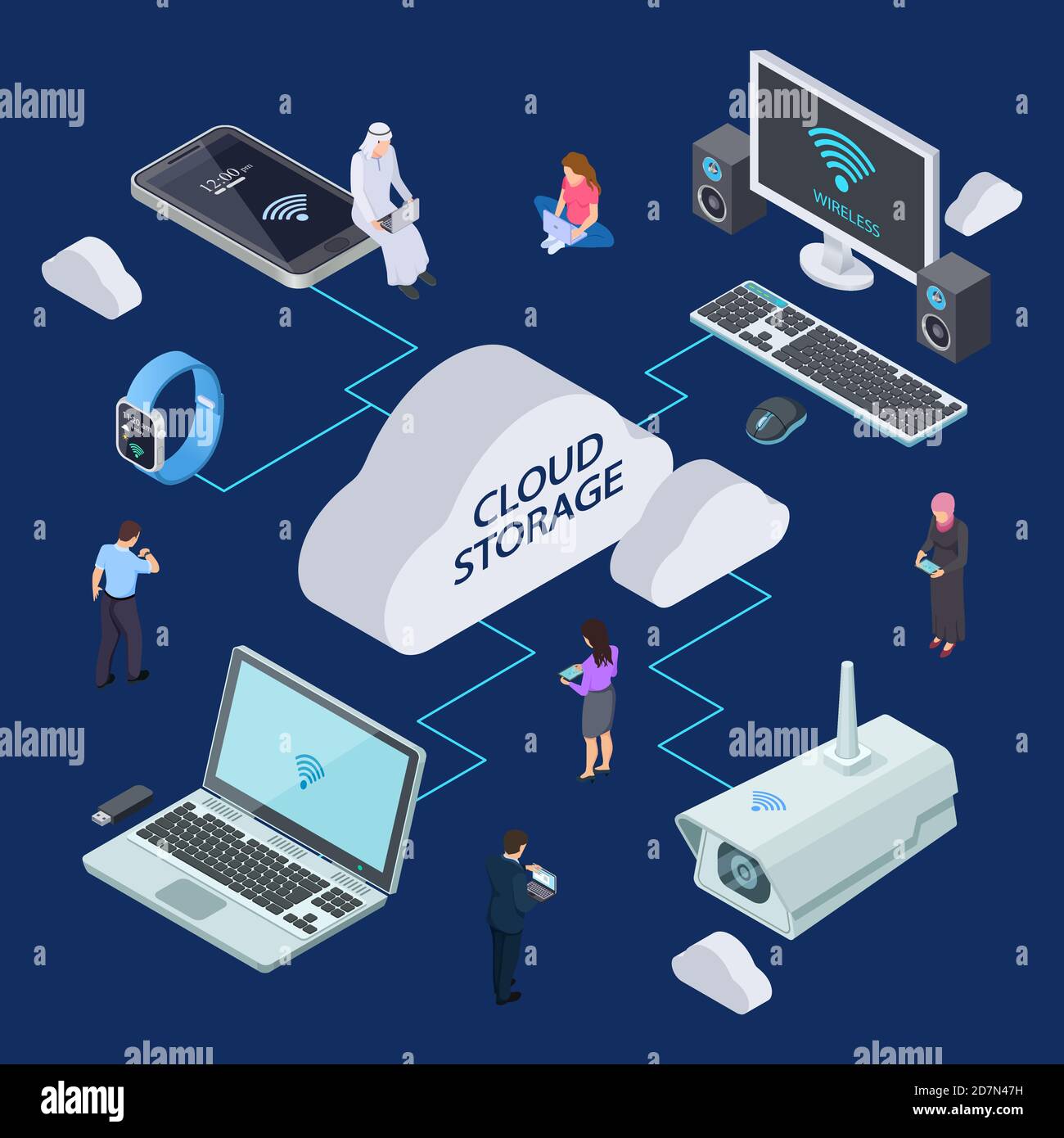 Isometric cloud service vector concept. Cloud storage illustration. Cloud data computing, storage service network system Stock Vector