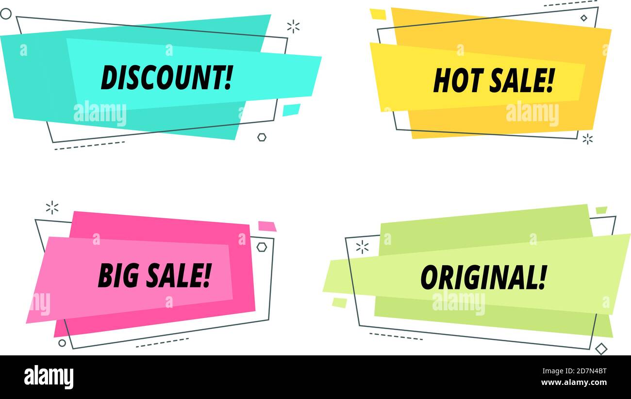 Modern sale banners set. Super price balloon graphic text shapes wholesale purchase banner campaign colorful tag shopping vector frame. Illustration of discount offer, price shop promo Stock Vector