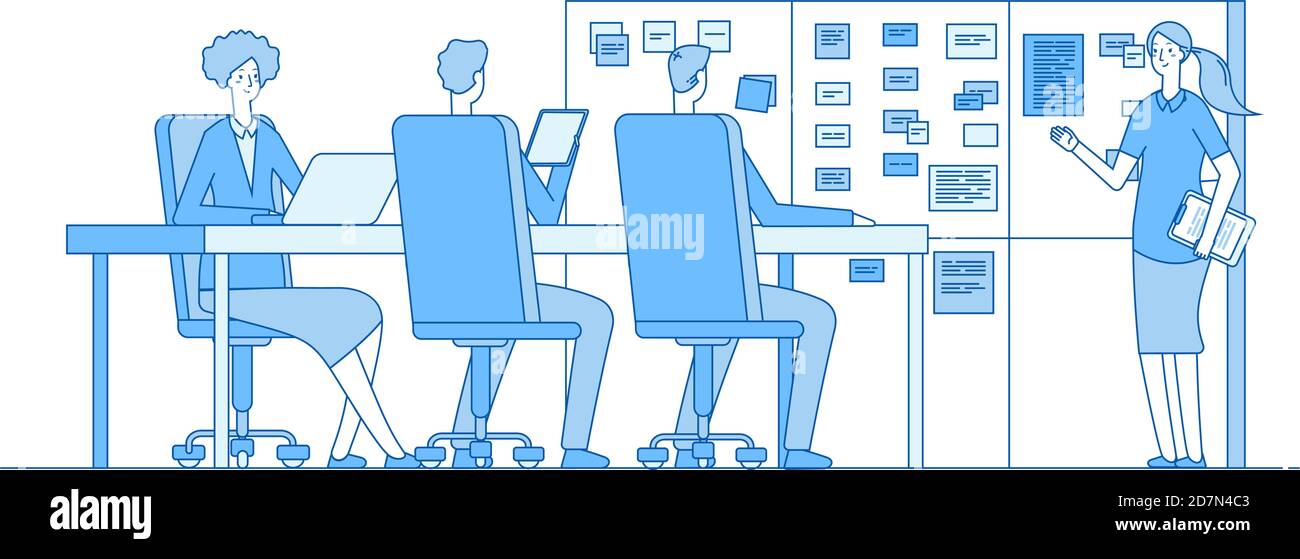 Planning board meeting. People training at task board inside office classroom. Teamwork business vector line concept. Illustration of meeting board, brainstorming and teamwork, training group Stock Vector