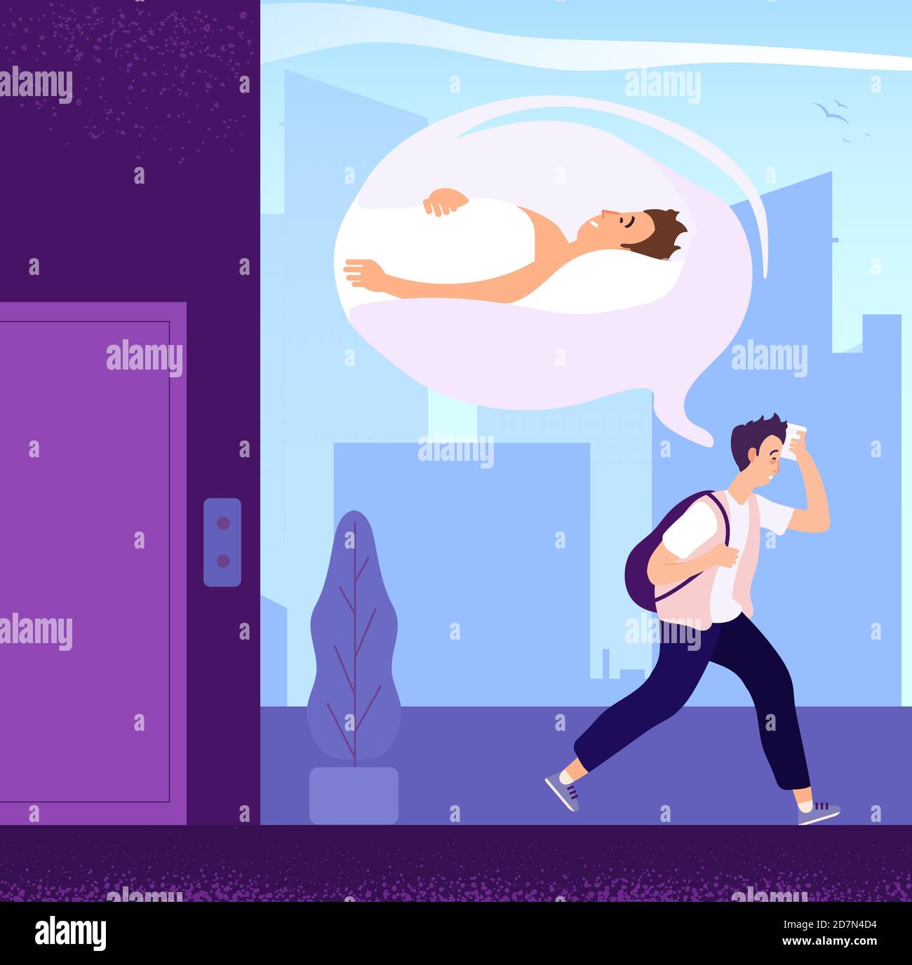 Sleepy man. Guy wishing sleep walking to office in morning. Tired adult sad person desirous rest. Cartoon vector concept. Man sleepy and tired go to office illustration Stock Vector