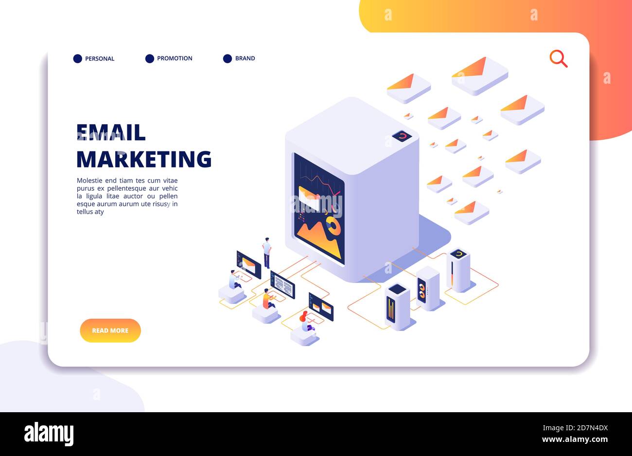 Email marketing isometric concept. Mail automation strategy. Email outbound campaign, message marketing vector landing page. Business e-mail marketing, digital service illustration Stock Vector