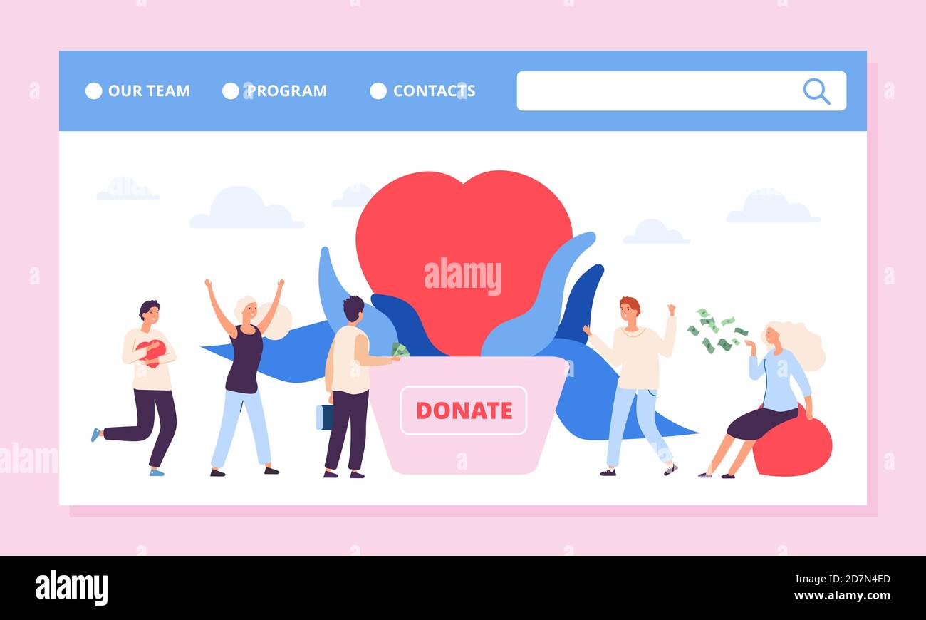 Philanthrophy landing page. Charity or donation vector banner template with heart and volunteers. Illustration donation assistance, philanthropy and donate help Stock Vector