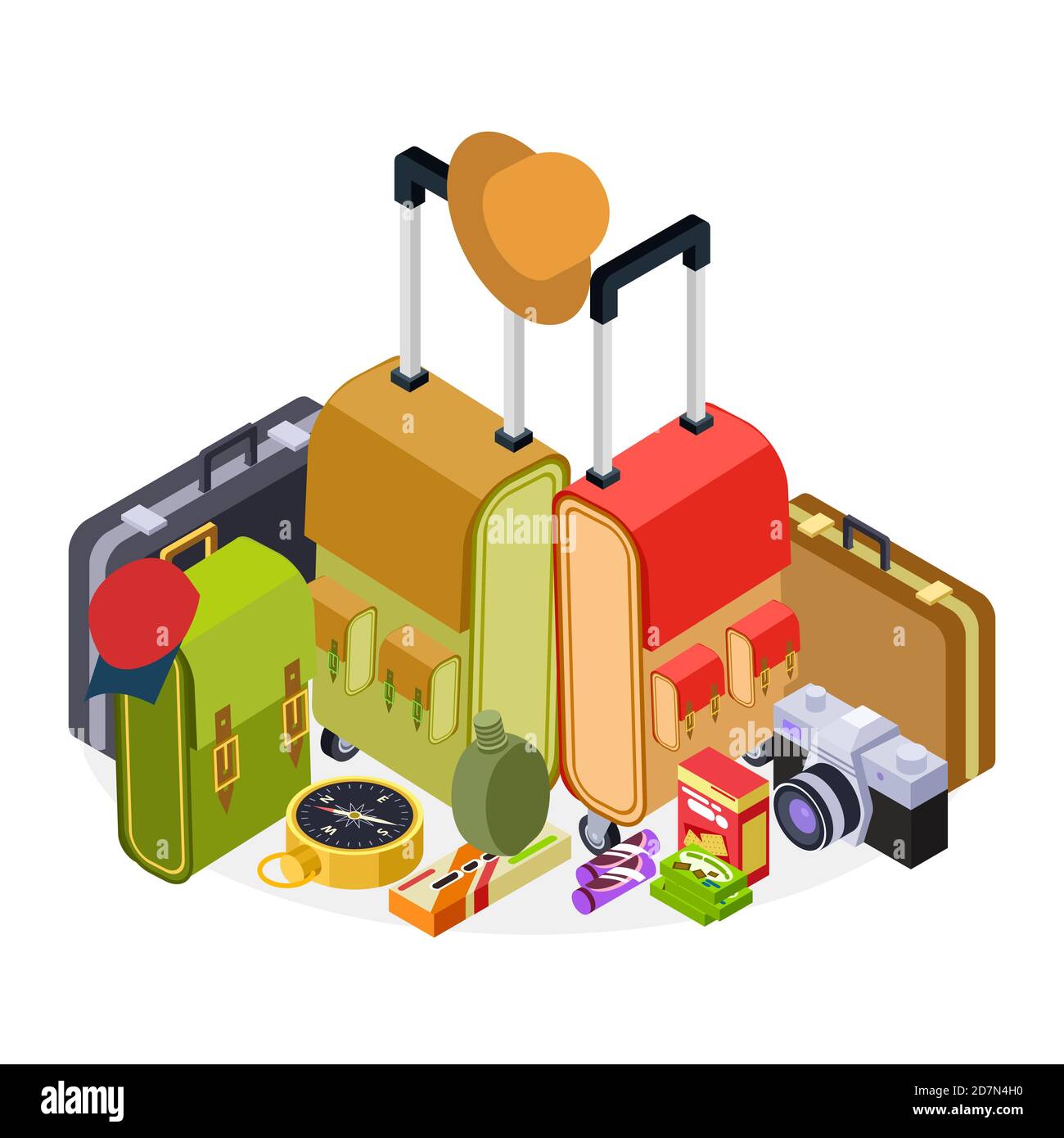 Isometric travel vector illustration. Luggage, suitcases, backpack and hike accessorises. Baggage travel isometric, briefcase and backpack Stock Vector